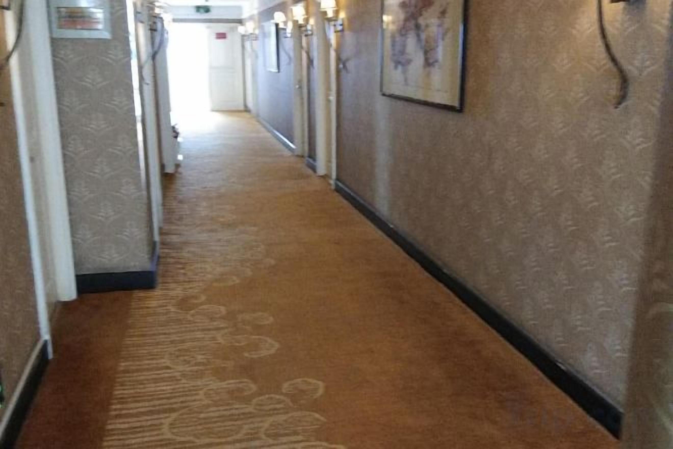 Un couloir recouvert de moquette, avec des portes sur le côté gauche et un tableau encadré sur le mur de droite.