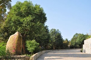 A pathway flanked by trees and a stone wall, leading to a building with Chinese characters.