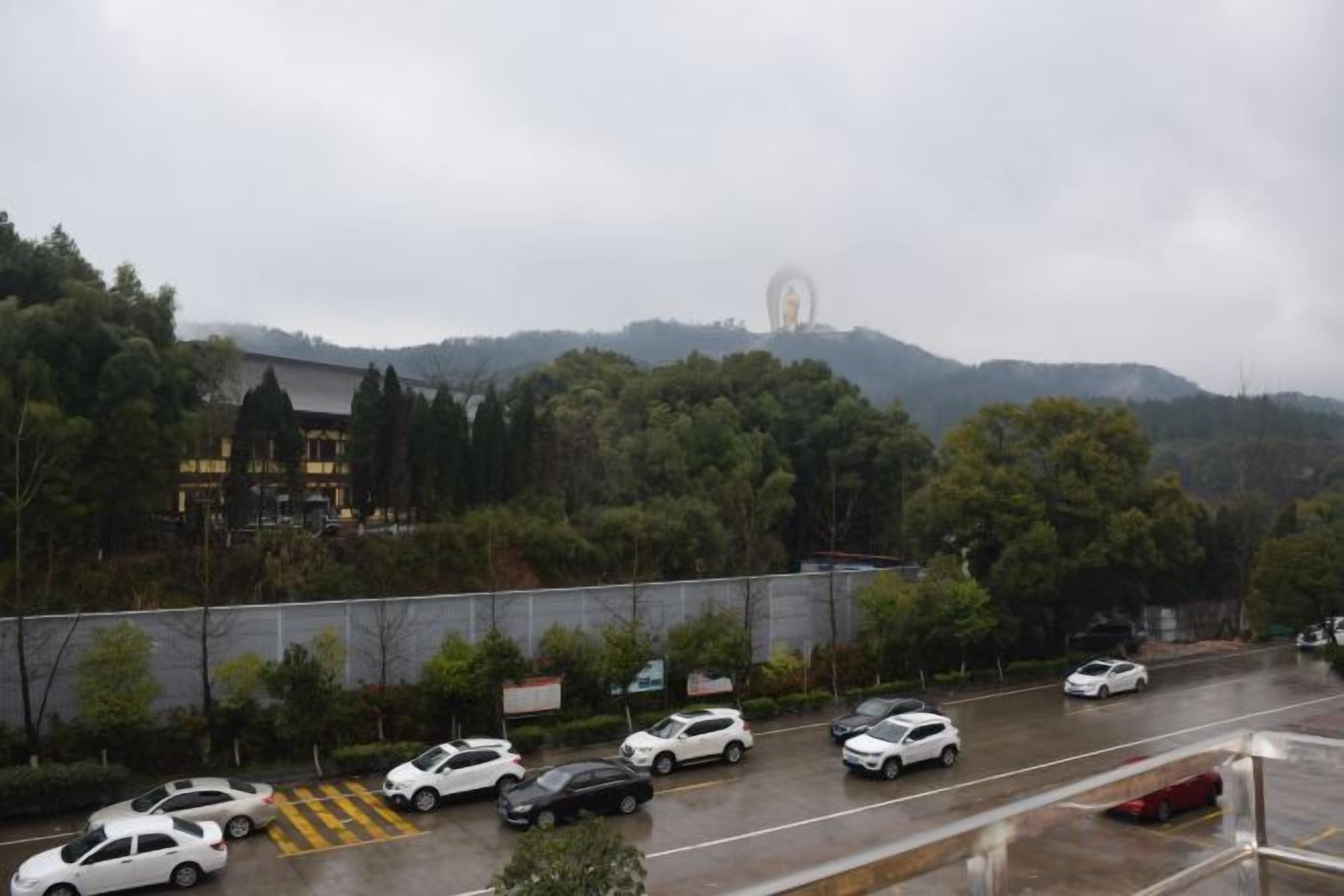 Un estacionamiento con coches y una vista de una colina con árboles y un edificio al fondo.