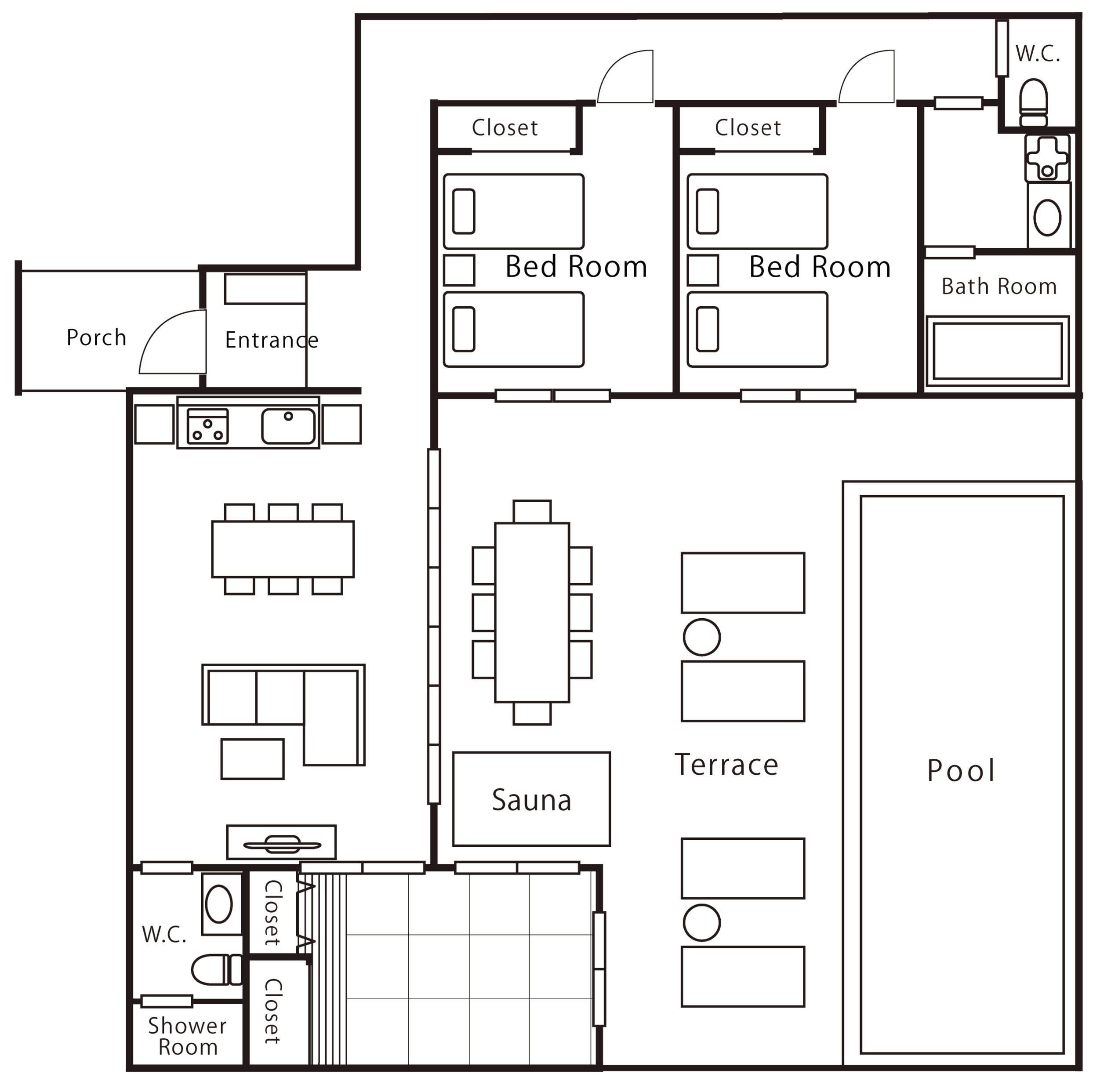 A floor plan with a pool, sauna, terrace, and multiple bedrooms including a bathroom.