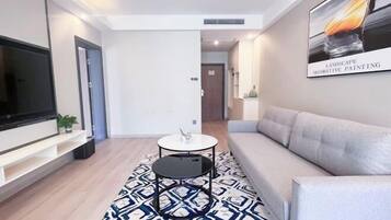 Una sala de estar moderna con un sofá, una mesa de centro, un televisor y una alfombra estampada.
