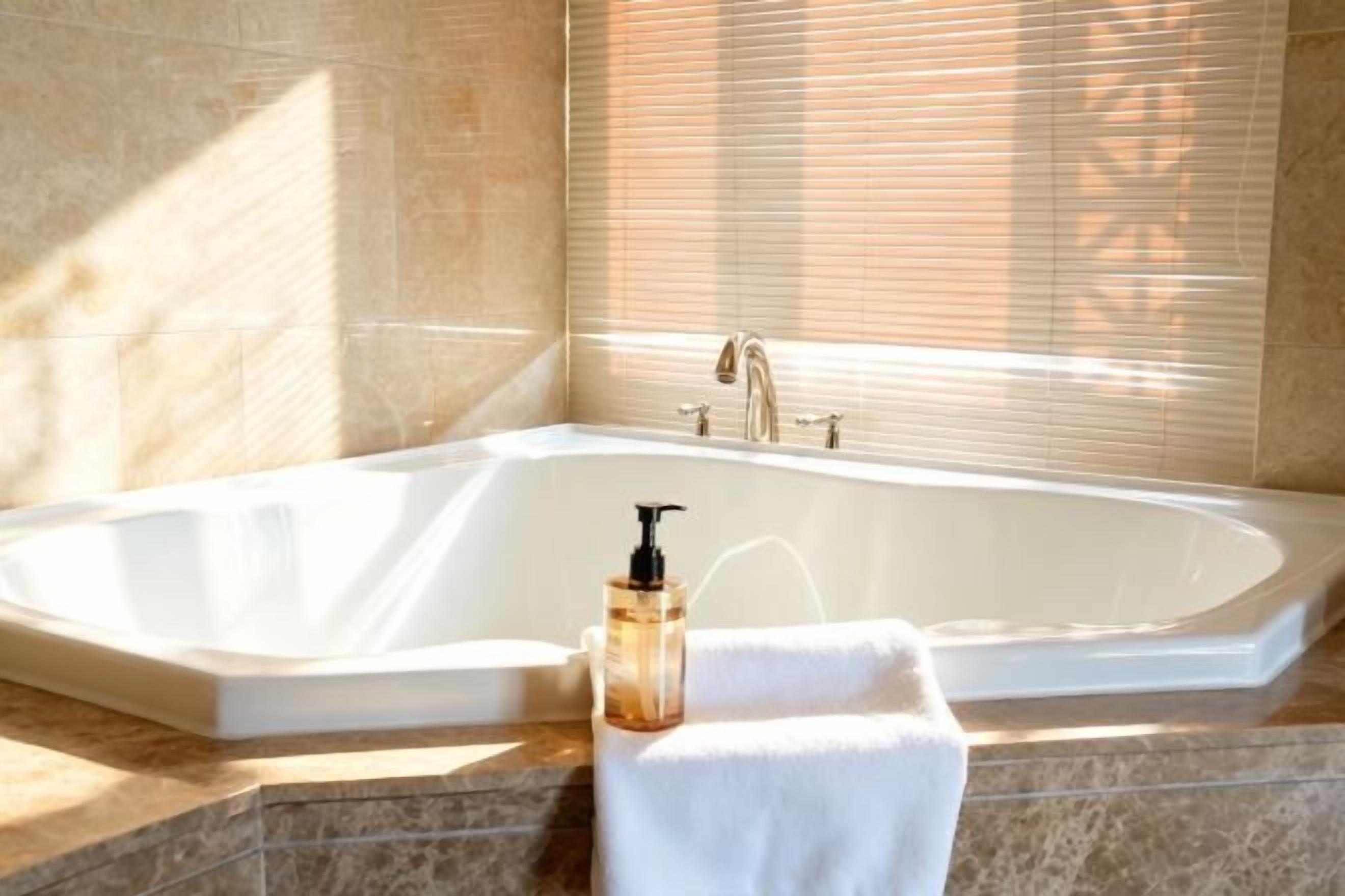 A bathroom with a freestanding bathtub, a towel, and a bottle of shampoo.
