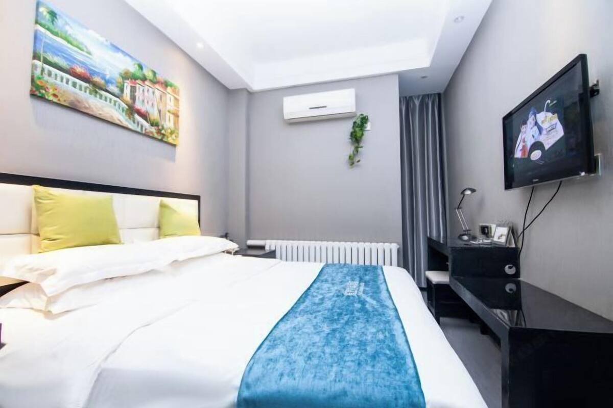 Una habitación de hotel con una cama, un televisor, un radiador y un cuadro en la pared.
