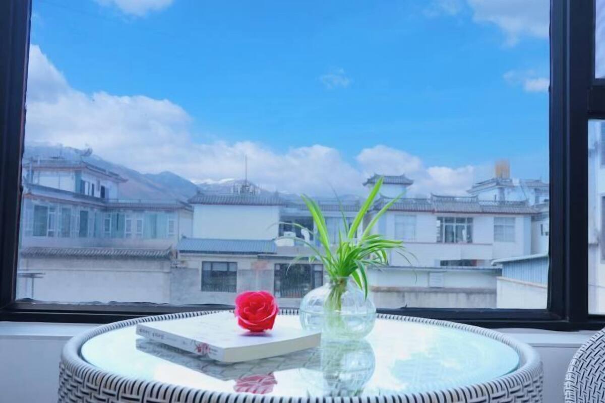 A round table with a glass top, a red rose, and a potted plant.
