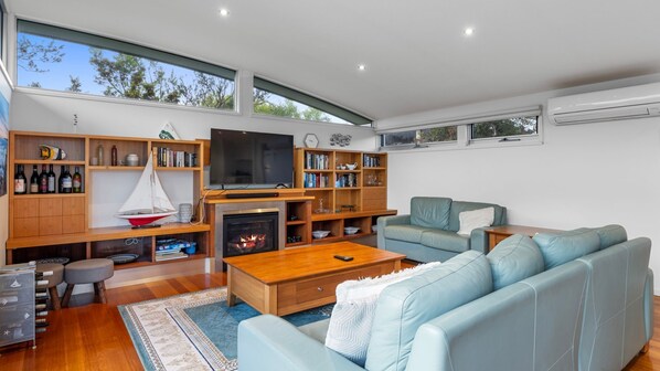 Smart TV, fireplace, DVD player, books