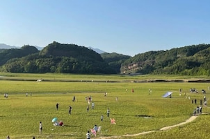 Un campo extenso con gente dispersa, algunos volando cometas.