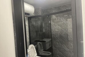 A bathroom with a shower enclosure, a toilet, and a marble wall.