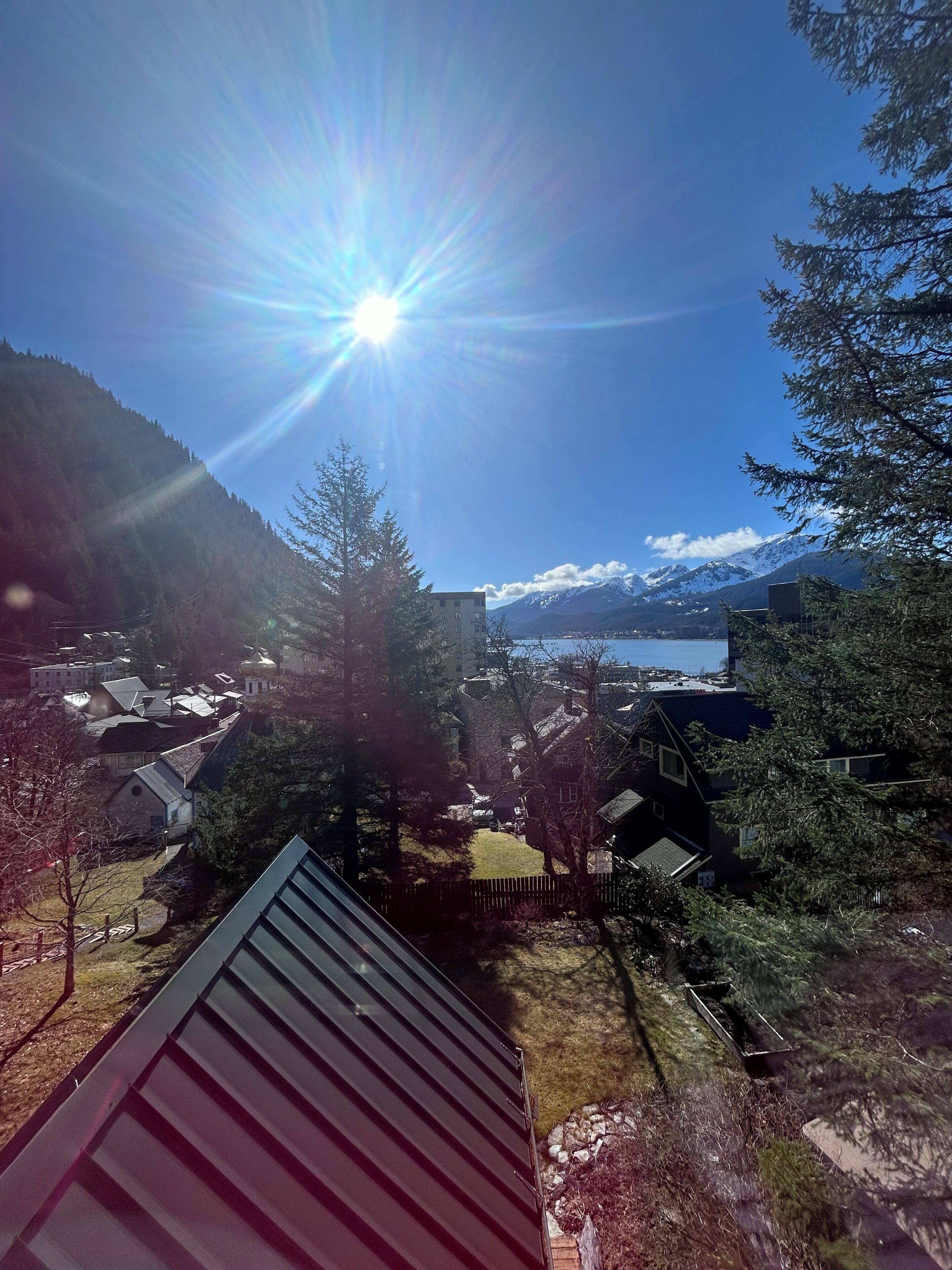 Ein Wohngebiet mit Häusern, einem Berg und einem See.