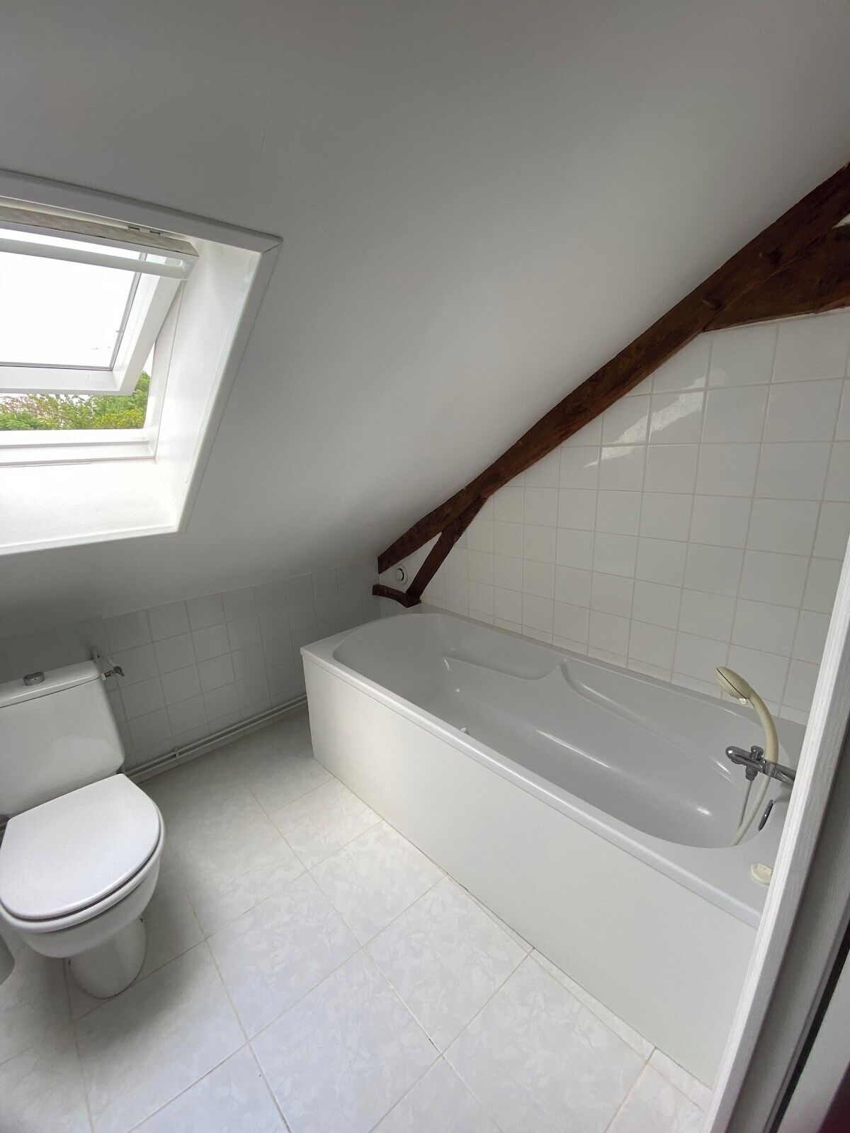 A bathroom with a white bathtub, a toilet, and a skylight.