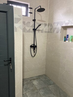 Hair dryer, towels, soap, toilet paper