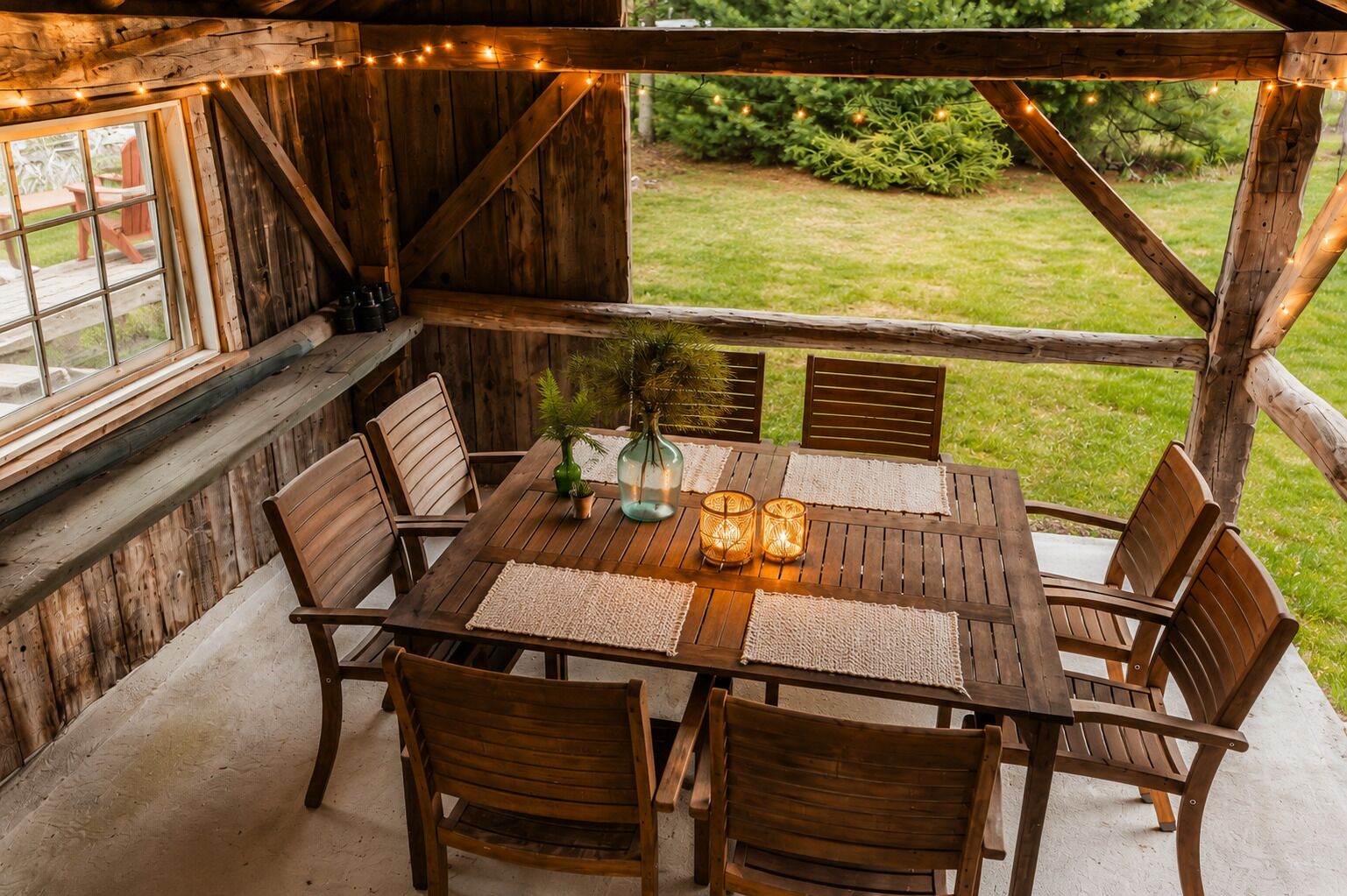 Une table en bois installée à l’extérieur, avec des chaises, entourée de guirlandes lumineuses, le tout se fondant dans un décor verdoyant.