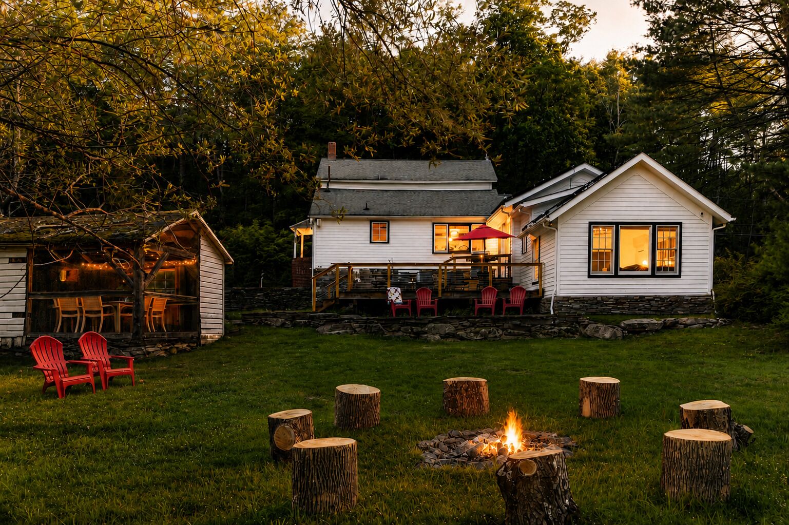 A two-story house with a deck, outdoor seating, and a fire pit.