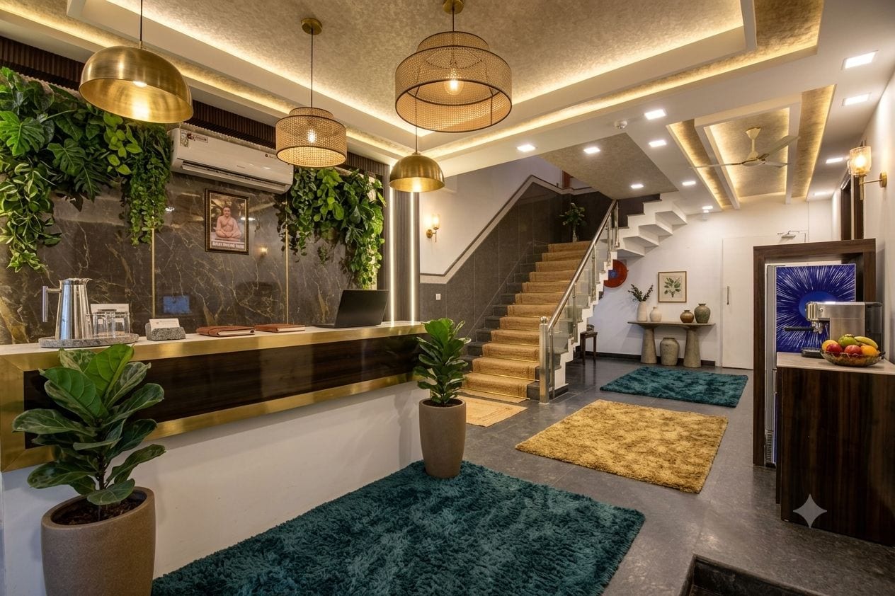 Una moderna zona de recepción con mostrador de mármol, plantas en macetas, una escalera y un frutero.