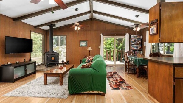A spacious living room with a green sofa, wooden floors, a fireplace, and a large TV.