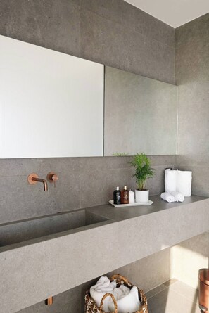 Un baño moderno con un espejo grande, un lavamanos empotrado y una planta en maceta.