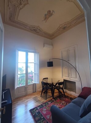 Smart TV, fireplace, books