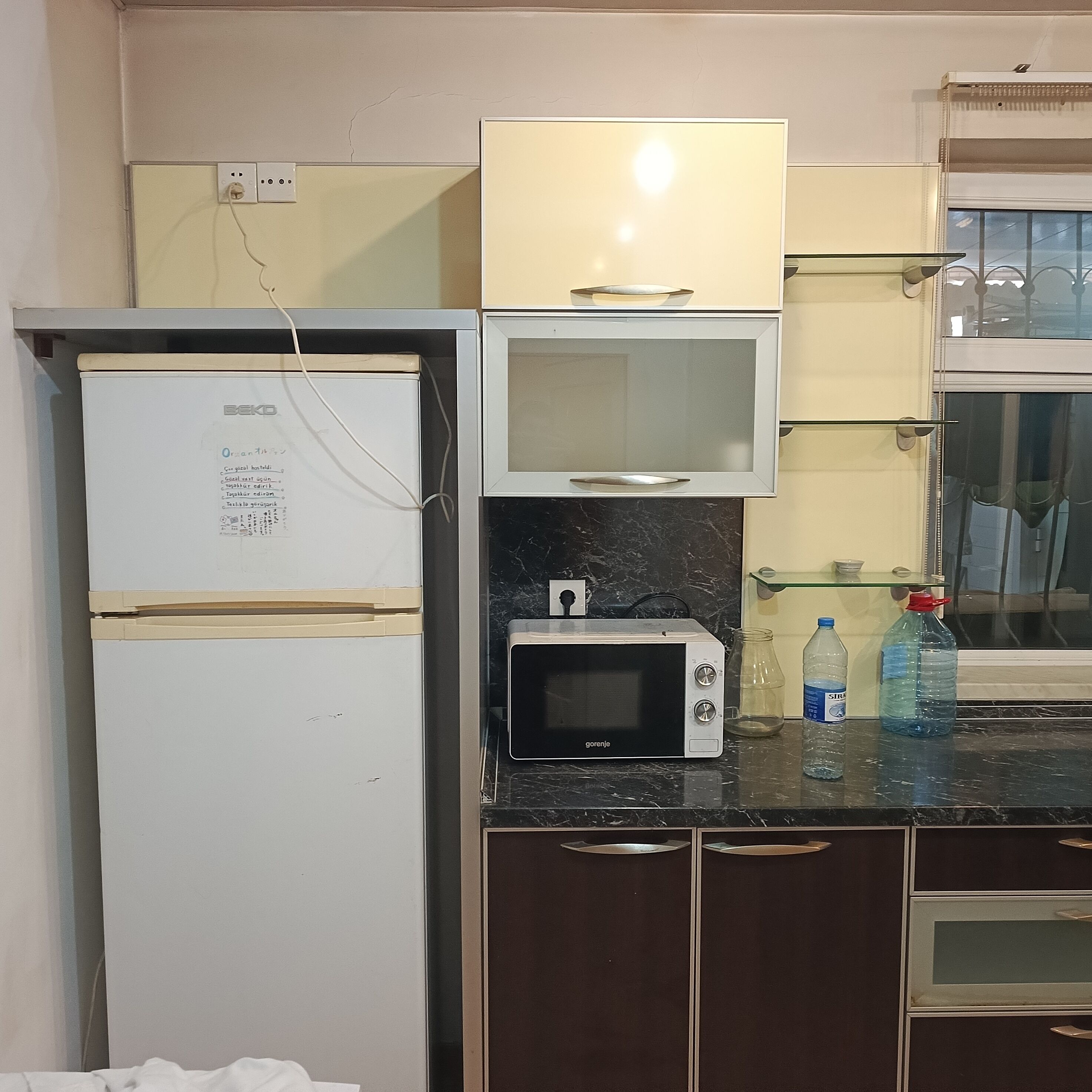 Full-size fridge, paper towels