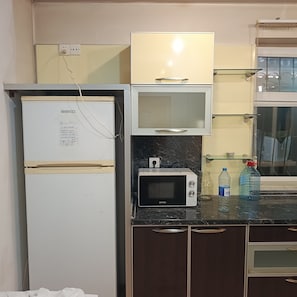 Full-size fridge, paper towels