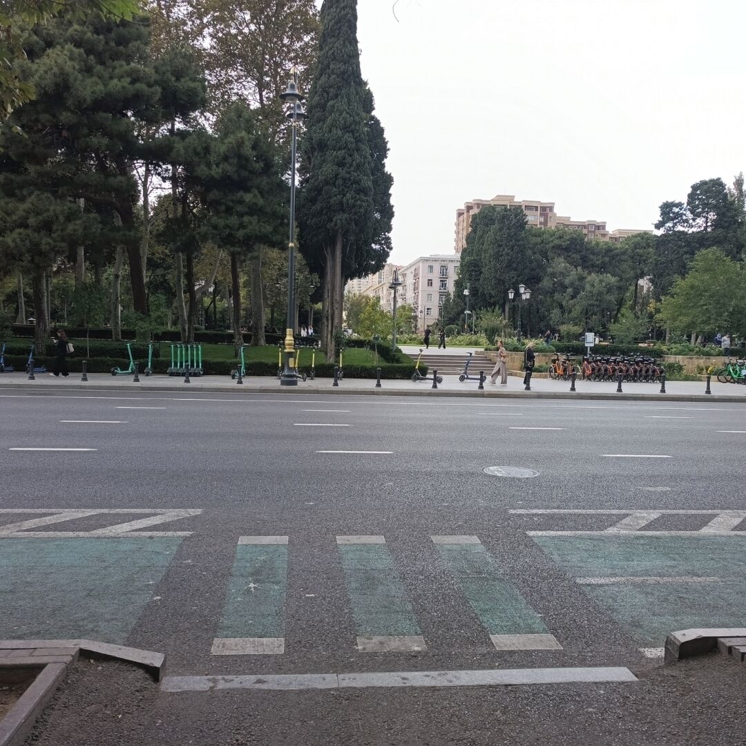 Una calle ancha con pasos de cebra y árboles a los lados.