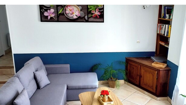 Un salon avec un canapé gris, une table basse en bois ornée d’un vase de fleurs, une bibliothèque et une plante en pot.