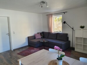 Smart-TV, Tischfußball, Tischtennisplatte, Bücher