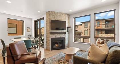 Central Location, Private Balcony and Mountain Views, Cozy Gas Fireplace