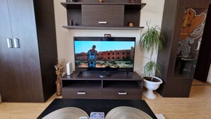 A modern living room with a flat-screen TV on a wooden stand, a potted plant, and a decorative wall piece.