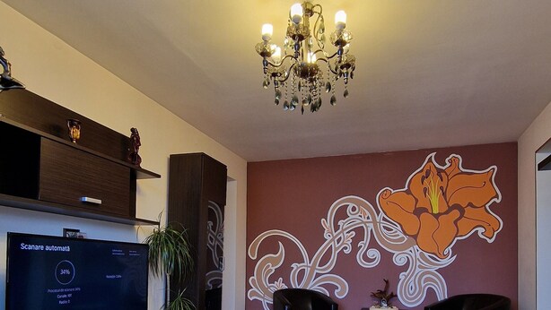 A modern living room with a flat-screen TV, a chandelier, a large floral mural, and a sofa.