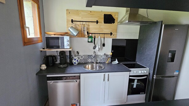 A compact kitchen with a microwave, coffee maker, and a dishwasher. - Gîte "Le Figuier (Villebernier)