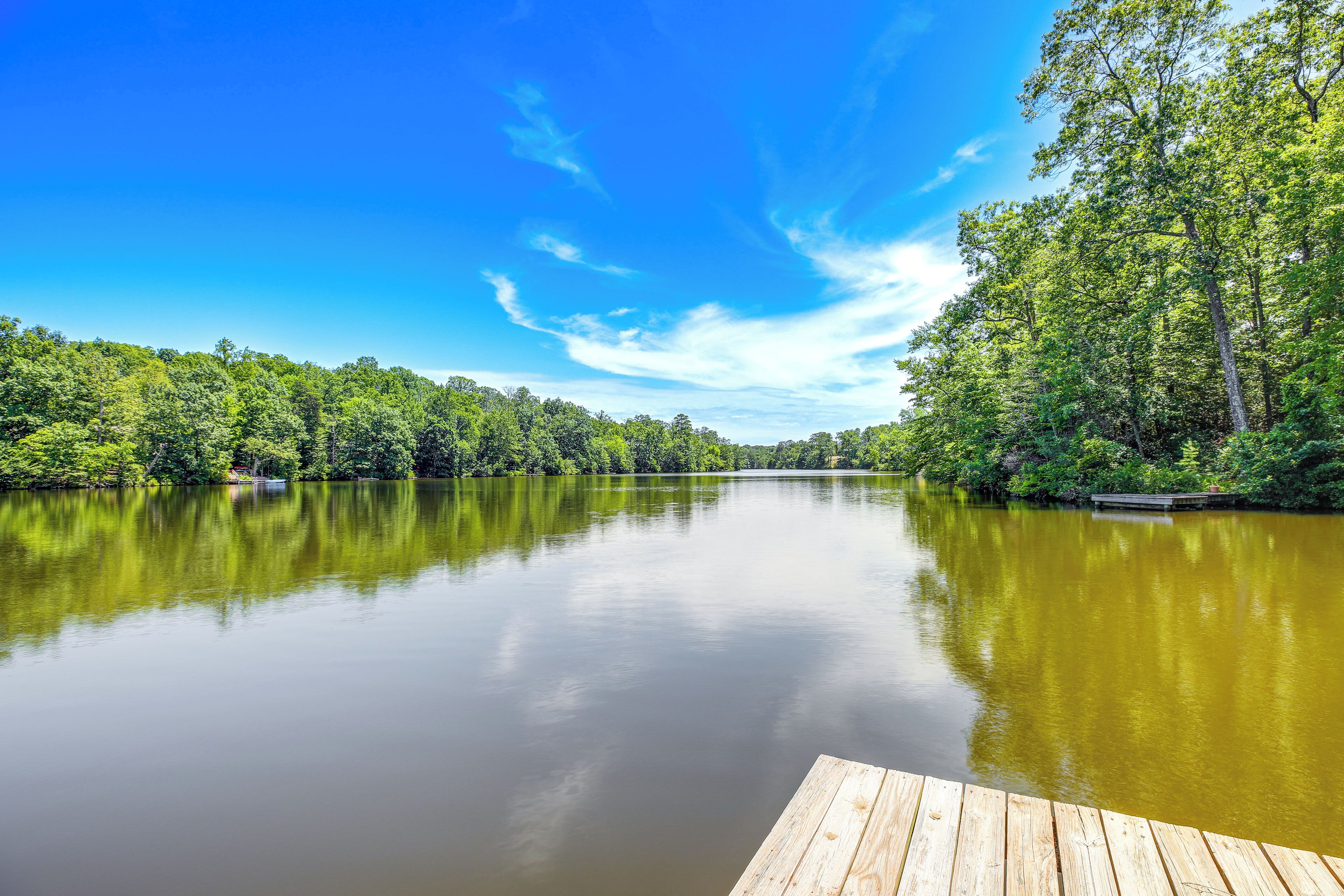A calm river with a wooden dock extending into the water, surrounded by dense green trees and a clear blue sky.