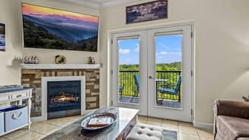 Smart TV, fireplace, books