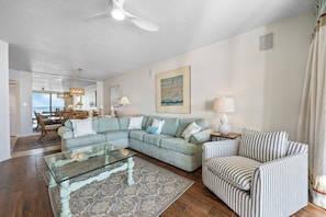 Family Condo, 3 Bedrooms, Pool Access, Beach View | Living room | 50-inch Smart TV with cable channels