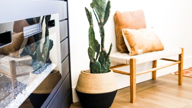 A kitchen with a built-in oven, a wooden chair, and a potted cactus plant. - Trail Chaser Moab, UT (Moab)