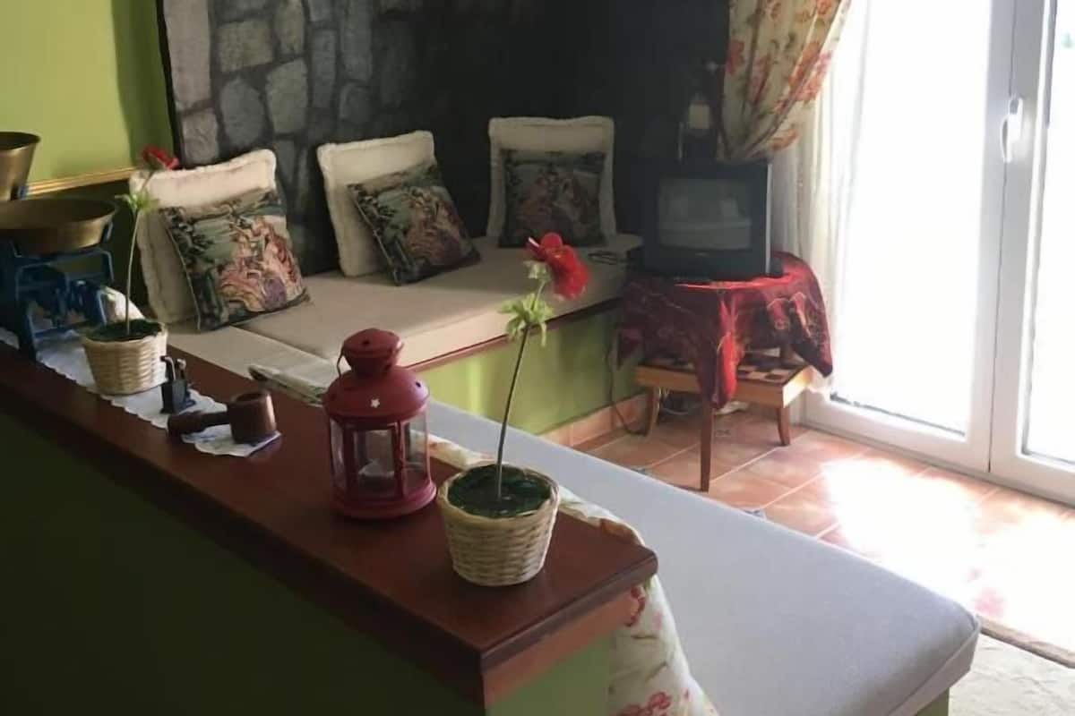 Un salon chaleureux avec un mur en pierre, un canapé agrémenté de coussins à motifs floraux, une petite table sur laquelle est posée une lanterne, et un téléviseur.
