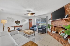 Smart TV, fireplace, books