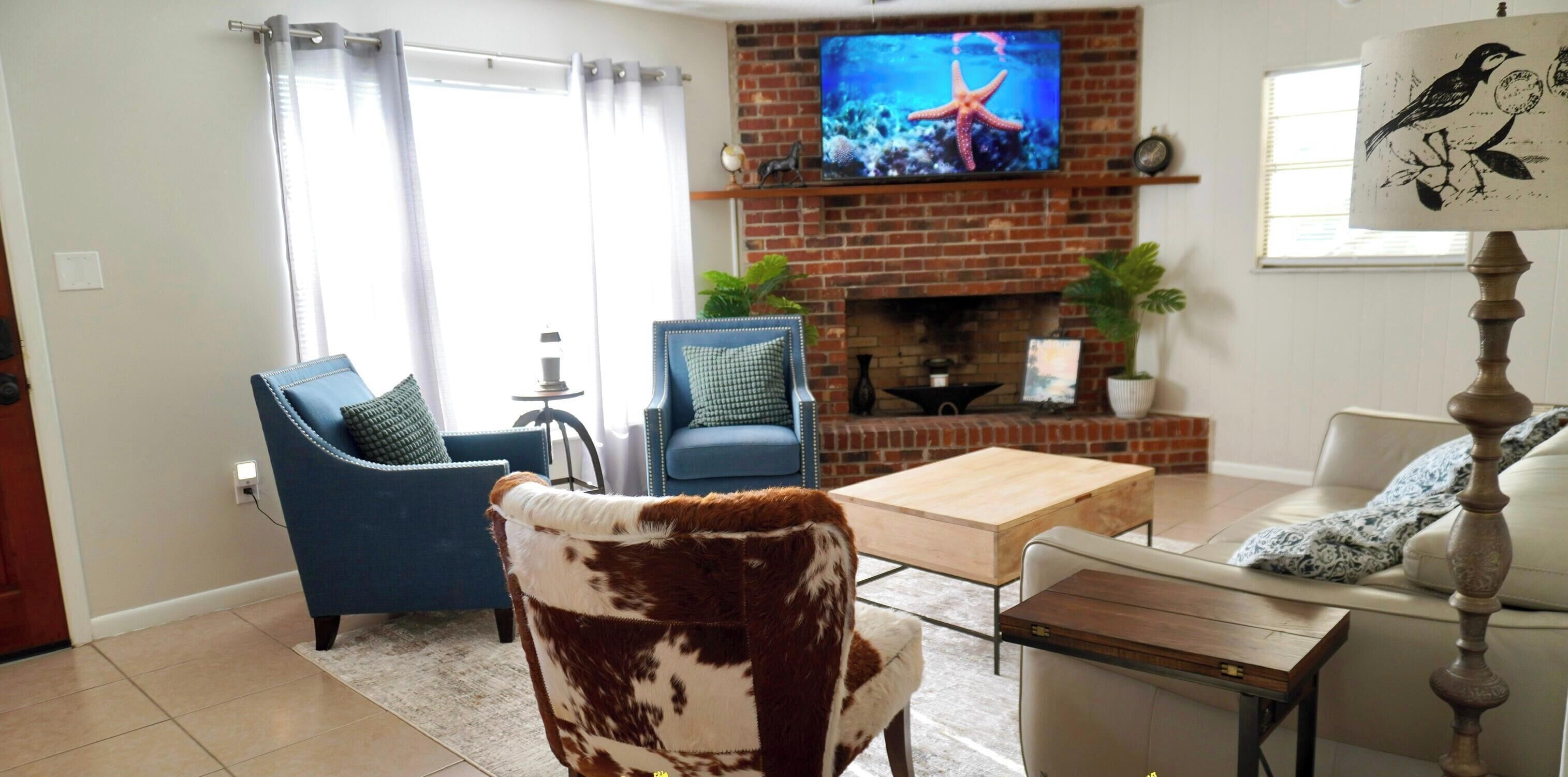 Smart TV, fireplace, books