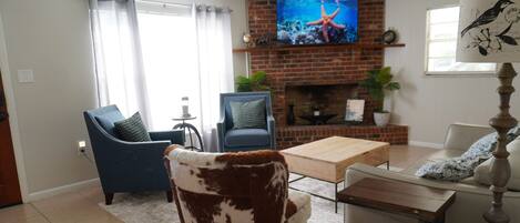 Smart TV, fireplace, books