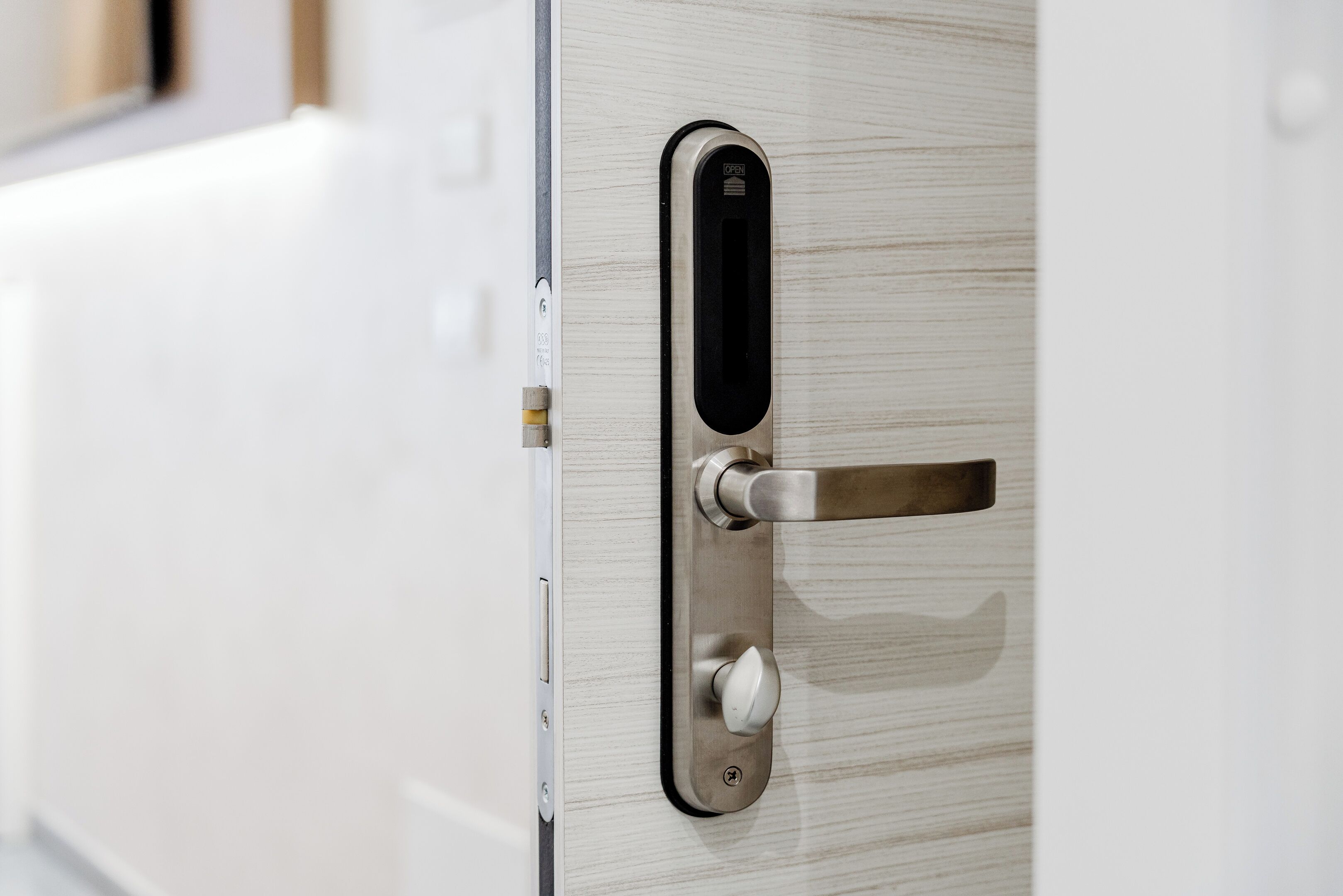 A modern door with a metallic handle and a keyhole, indicating a secure entry point.