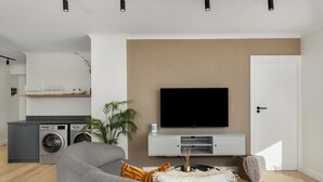 Un salon moderne avec un canapé gris, un téléviseur à écran plat fixé à un mur blanc, un lave-linge et une petite plante.