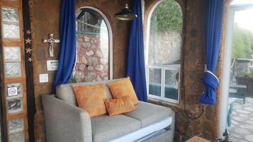 Smart TV, fireplace, books, computer monitors