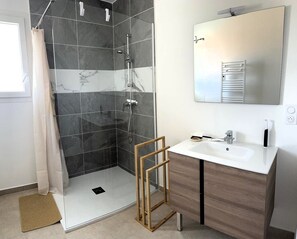 Shower, hair dryer, towels, soap