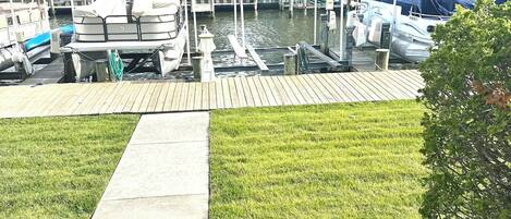 A marina with boats docked, a grassy area, and residential buildings in the background.