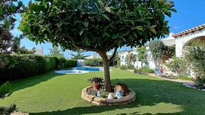 A well-maintained garden with a central tree, a swimming pool, and a white building with arches in the background. - Mojacar Beach 2 Bedroom House With sea View (Mojacar)