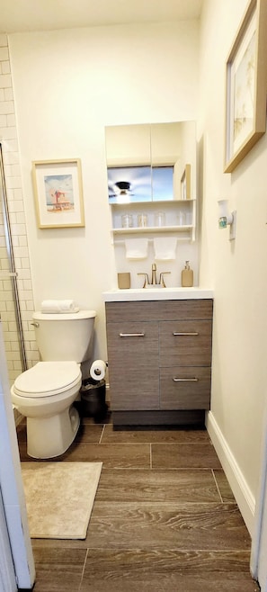 Dusche, Haartrockner, Handtücher, Seife