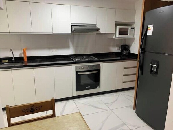 Fridge, microwave, oven, dishwasher