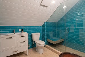 Hair dryer, towels, soap, toilet paper