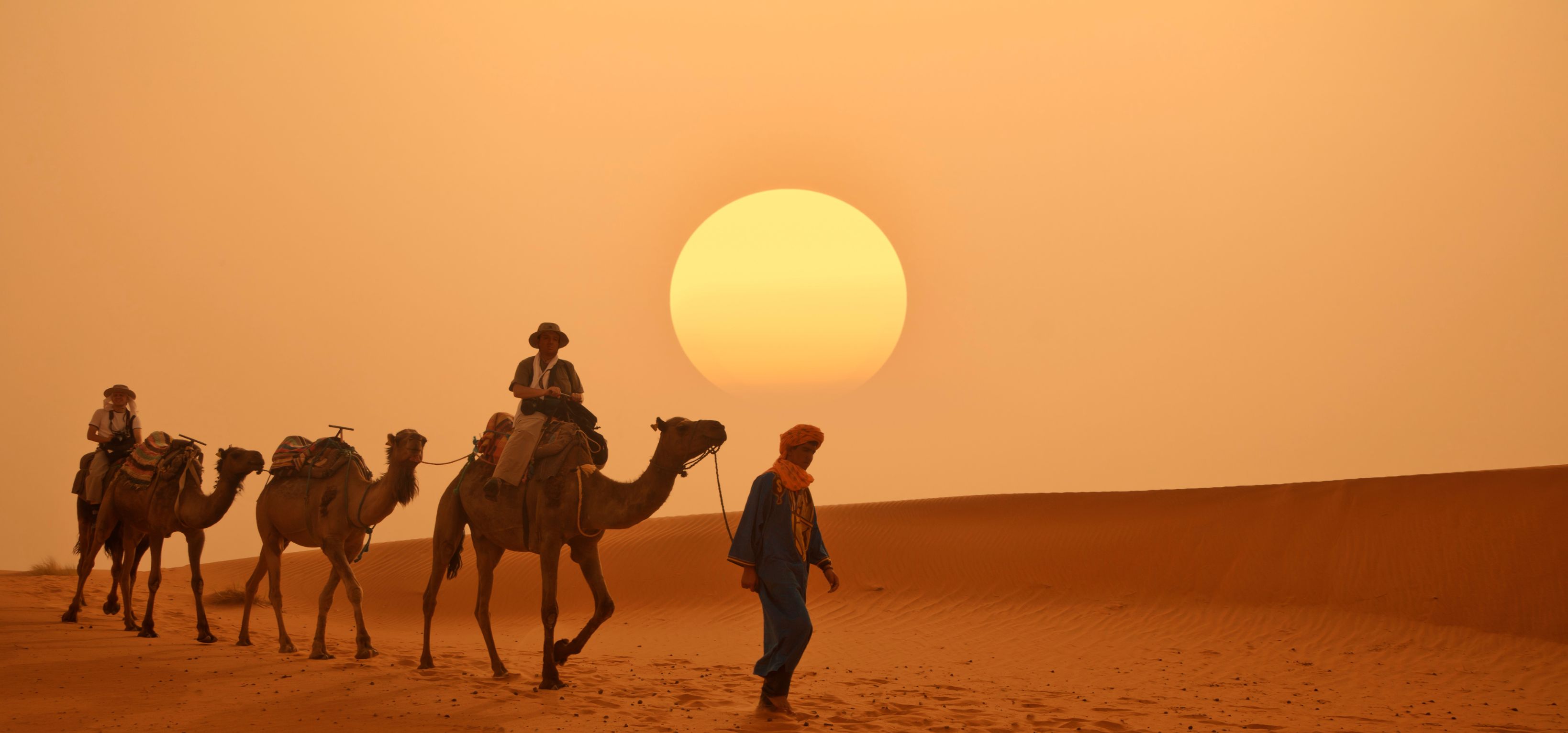 Paisagem desértica com camelos e uma pessoa caminhando, e o texto "Luna Luxury Camp".