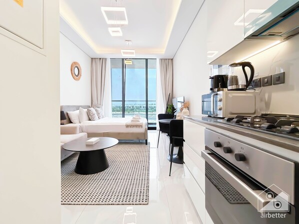 Fridge, microwave, coffee/tea maker, toaster