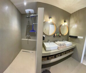 Shower, hair dryer, towels, soap