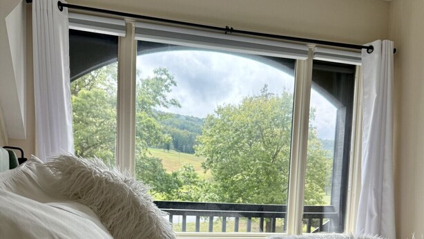 Une chambre avec deux lits, du linge de lit blanc et une vue sur un paysage verdoyant, visible à travers de grandes fenêtres.